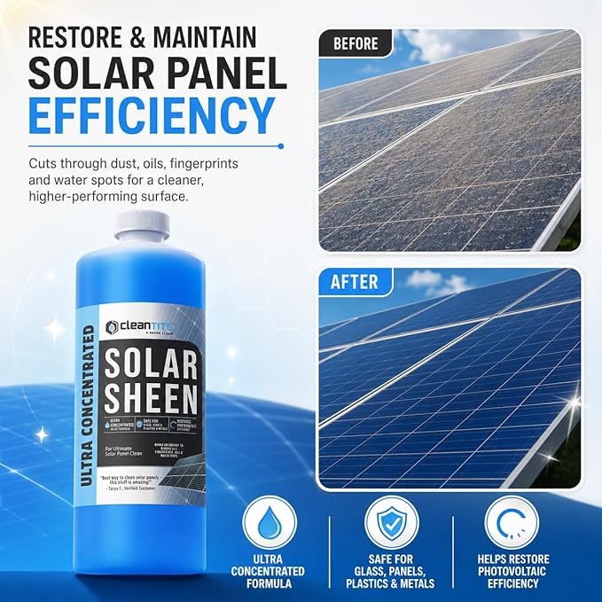 Solar Panel Cleaner 32 Oz (Makes 128 G) - Super Concentrated Cleaning Solution for Glass, Metal, Wood & Plastic - Remove Oil, Fingerprint & Water Spots - Multipurpose Solar Panel Cleaning