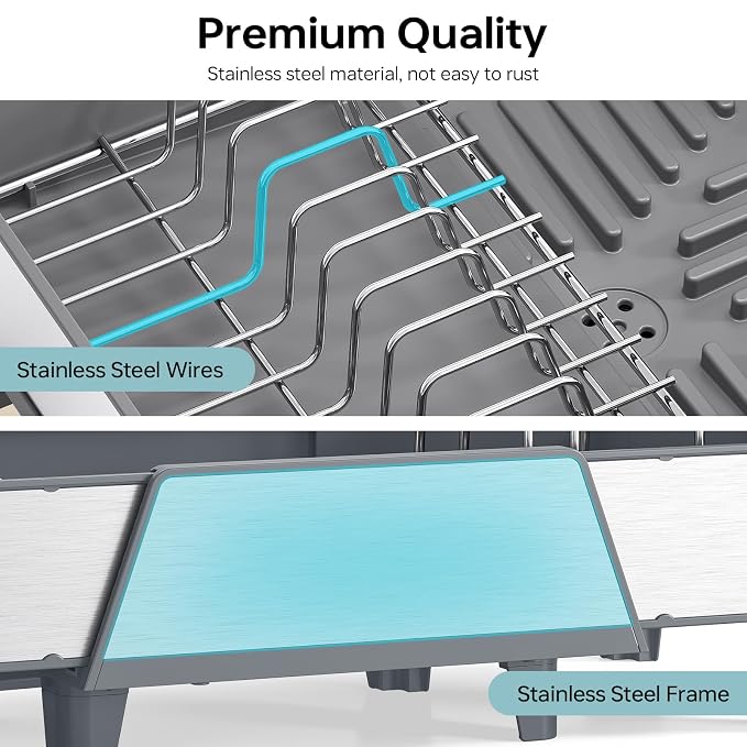 Urackify Expandable Dish Drying Rack for Kitchen Counter, 16.5"-24.2", Gray | Triple Extendable Rust-Resistant Stainless Steel Sink Dish Drainers with Utensil & Pans Holder for RV, Appartment