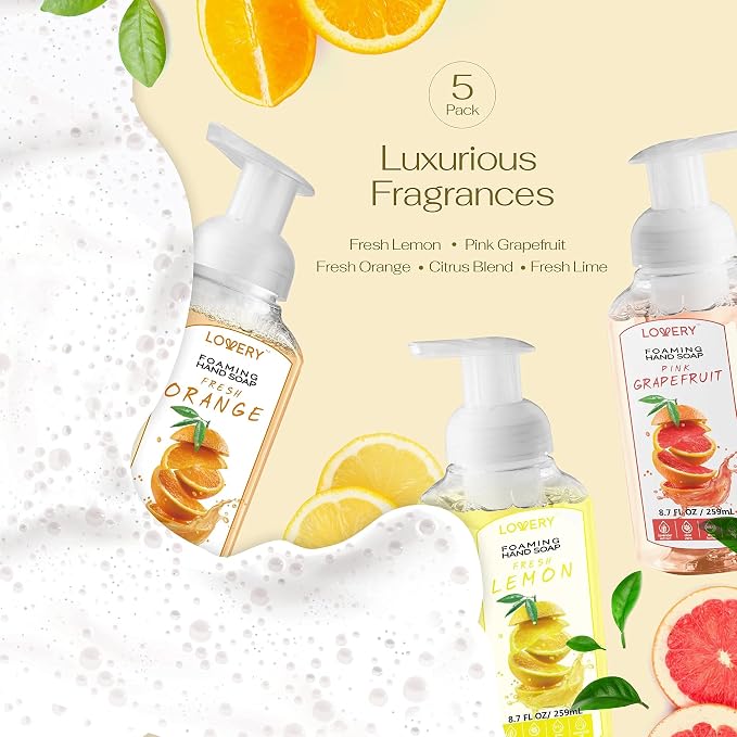 Foaming Hand Soap Pump - 5-PK - Moisturizing Hand Soap Foam with Aloe Vera & Essential Oils - Alcohol-Free Hand Wash in Citrus Blend, Lemon, Orange, Lime, Grapefruit Fragrances for Kitchen & Bathroom