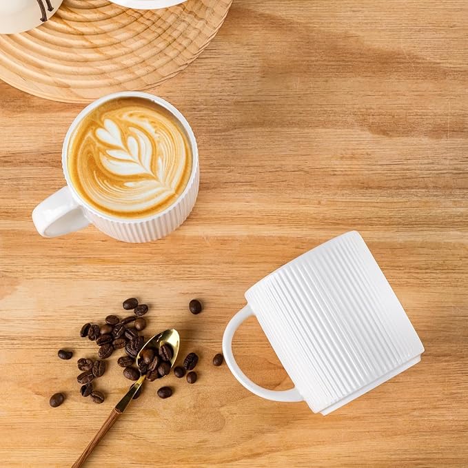 theterra Ceramic Coffee Mugs Set of 4, 14.2oz Handmade Coffee Cups with Handle for Latte, Tea, Milk, Beer, Hot Cocoa, Bright White