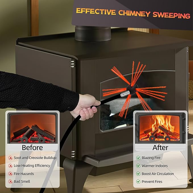 Chimney Sweep Kit 16 Feet, Chimney Cleaning Kit with 5 Black Nylon Flexible Chimney Rods, Rotary Chimney Cleaning System Driven by Drill for Sweeping Fireplace, Chimney Cleaners with Strong Brush