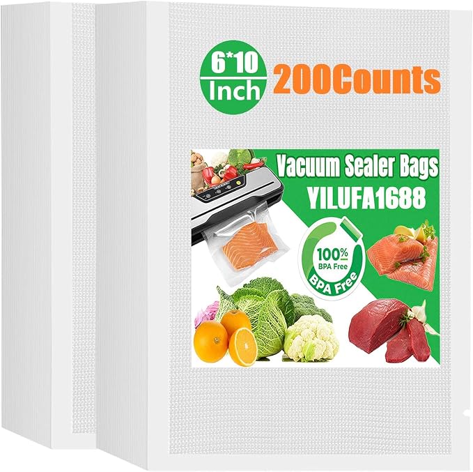 Vacuum Sealer Bags for Food - 200 Pack 6"x10" Precut | Commercial Grade BPA-Free | 6X Freshness | Airtight Storage | Fits All Clamp Machines | For Food Saver, Freezer & Sous Vide