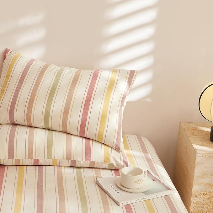 mixinni Vintage Striped Duvet Cover Set Full, 3-Piece Washed Cotton Bedding Set - Soft, Breathable & Colorful Marble Stripe Pattern, All-Season Comforter Cover with Zipper-Full Size