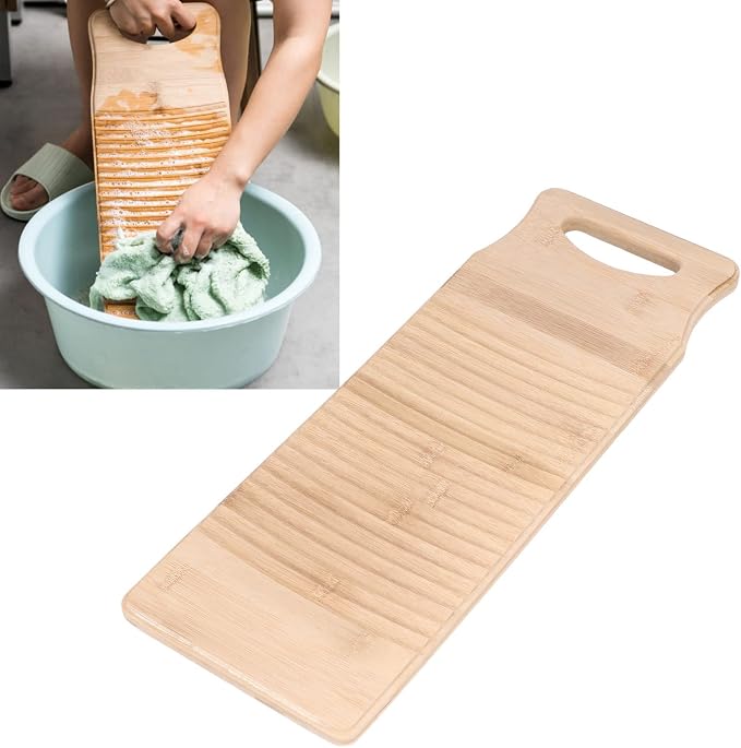 Tyenaza Wooden Color Bamboo Washboard - 19.7in Long, Thick NAT-Ural Bamboo, Wear - Resistant Wash Board with 1 Pair of Gloves and Soap Net for Home Laundry