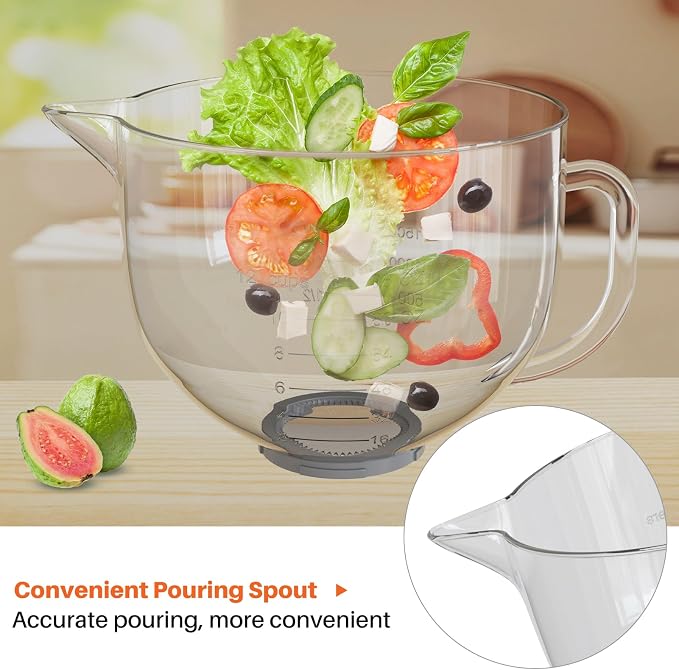 Glass Bowl Compatible with KitchenAid 4.5 & 5-Quart Tilt-Head Stand Mixers | Includes Lid, Measurement Markings & Spout Cover – Dishwasher, Microwave & Freezer Safe