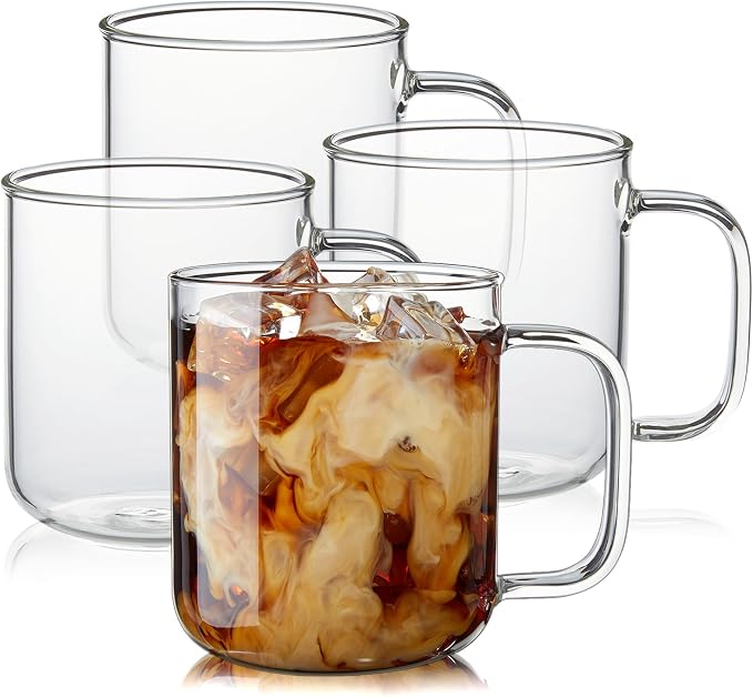 Glass Coffee Mugs, 14 oz Ice Coffee Cups Set of 4, Large Clear Tea Cups, Glass Mugs with Handles for Hot Beverages, Glass Cups for Latte, Cappuccino, and Tea