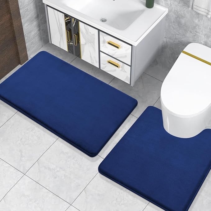 Smiry Memory Foam Toilet Rugs U-Shaped 24x24, Extra Soft Absorbent Non-Slip Contour Bathroom Rugs, Machine Washable Bath Mats for Toilet, Navy Blue