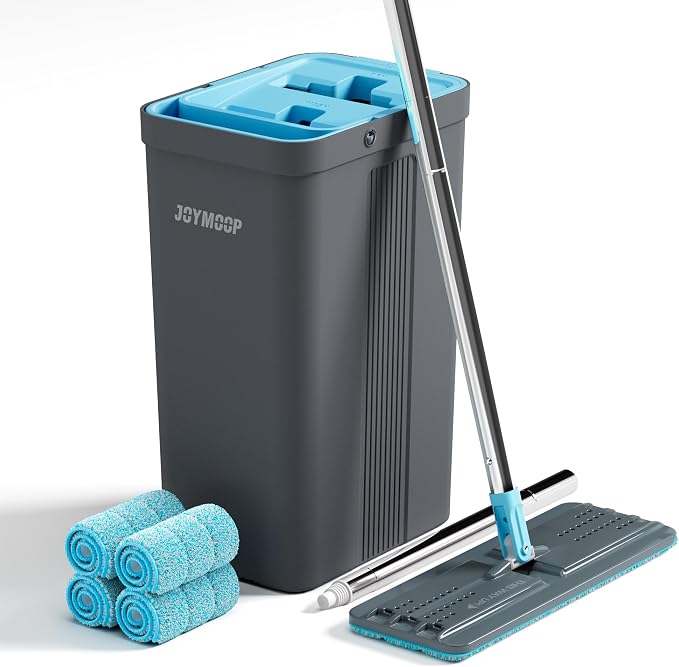 JOYMOOP Mop and Bucket Set, Mops for Floor Cleaning, Wall Mop Cleaner with Long Handle, with 4 Reusable Microfiber Mop Pads - Grey+Cyan Blue