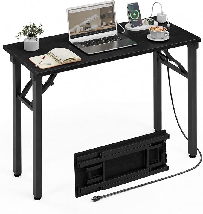 XBurmo Small Folding Desk Folding Table, No Assembly Foldable Desk Gaming Desk, 35.8-Inch Computer Table Workstation with 2 AC Outlets and 2 USB Ports for Bedroom and Home Office, Dark Oak