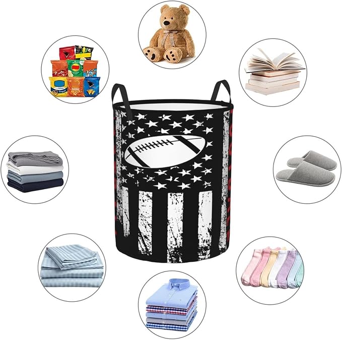 Football American Flag Sport Laundry Hamper Laundry Basket Circular Hamper Dirty Clothes Storage with Handles