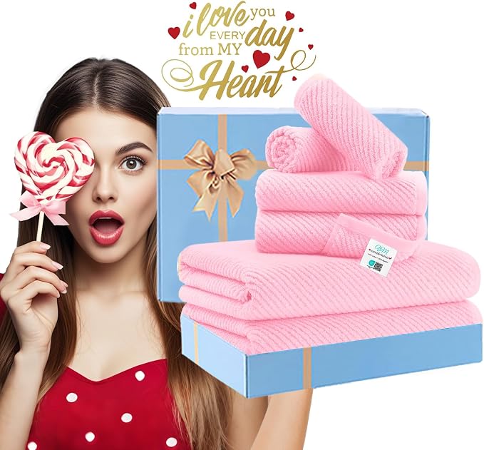 VOOVA & MOVAS 6PC Towel Set, 100% Cotton, Pink | 2 Large Bath 30x56 In, 2 Hand 18x28 In, 2 Washcloths 13x13 In, Soft, Quick Dry, Thick, Luxury Towel Gift Set