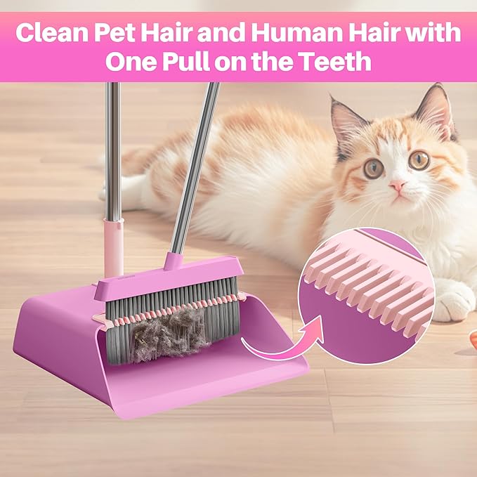 JOYMOOP Pink Broom and Dustpan Set, Upright Angle with Built-in Comb Teeth for Kitchen, Lobby, Pet Hair and Hard Floors