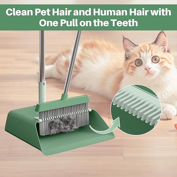 JOYMOOP Dark Teal Green Broom and Dustpan Set, Upright Angle with Built-in Comb Teeth, Ideal for Home, Office, Hardwood, Pet Hair