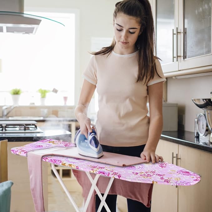 Ironing Board, Height Adjustable Smooth Edge Good Load-Bearing Non-Slip Wear Resistant Ironing Clothes Extra-Wide Clothes Ironing Board with Folding Legs (Flowers)