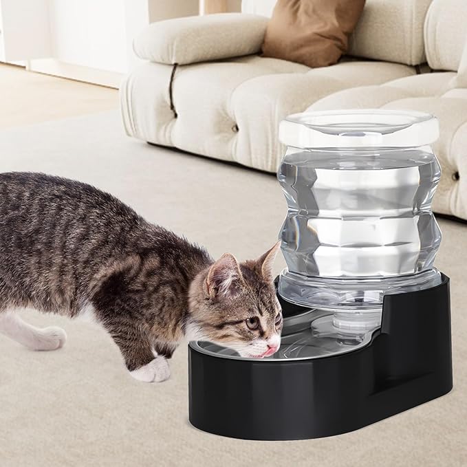 RIZZARI 4L Gravity Cat Water Dispenser: Filtered Hydration for Indoor Cats | Activated Carbon Filter / Stainless Steel Bowl / Apartment Friendly / Bedroom & Kitchen Use / Easy Cleaning/Helps Reduce Odor