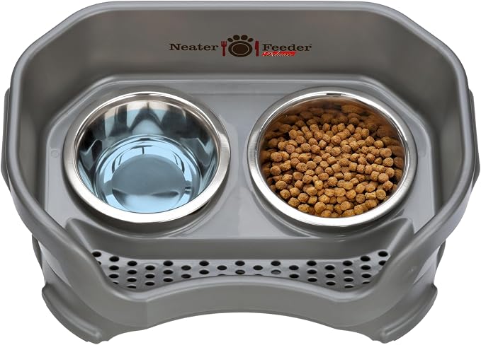 Neater Pet Brands Neater Feeder Deluxe Mess Proof Dog Bowls Elevated for Small Dogs Under 19 lbs, Made in USA, No Spill Raised Dog Food Bowl Stand Feeding Station, Food and Water Bowl Set, Gunmetal