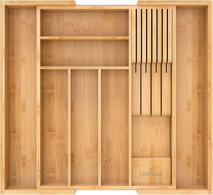 TIOPGHAD Bamboo-Silverware-Drawer-Organizer-Kitchen, Expandable Utensil Holder Cutlery Tray Flatware Organization Adjustable Wood Tableware Dividers Storage (with Removable Knife Block)(Natural)