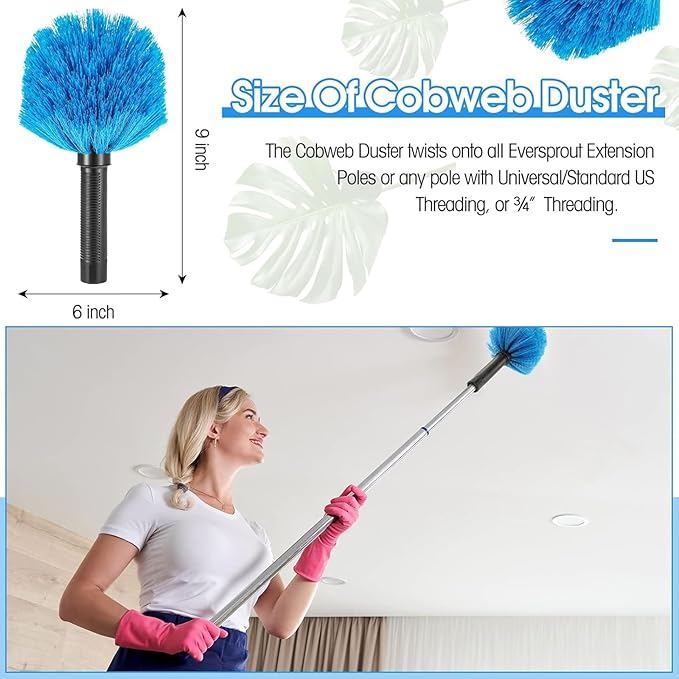 9 Pieces Twist on Cobweb Duster Bulk for Cleaning Company Cleaning Spider Web Remover Brush Cobweb Duster Head Attachment Fits Standard Threaded Poles, No Pole, Medium Stiff Bristles, Blue