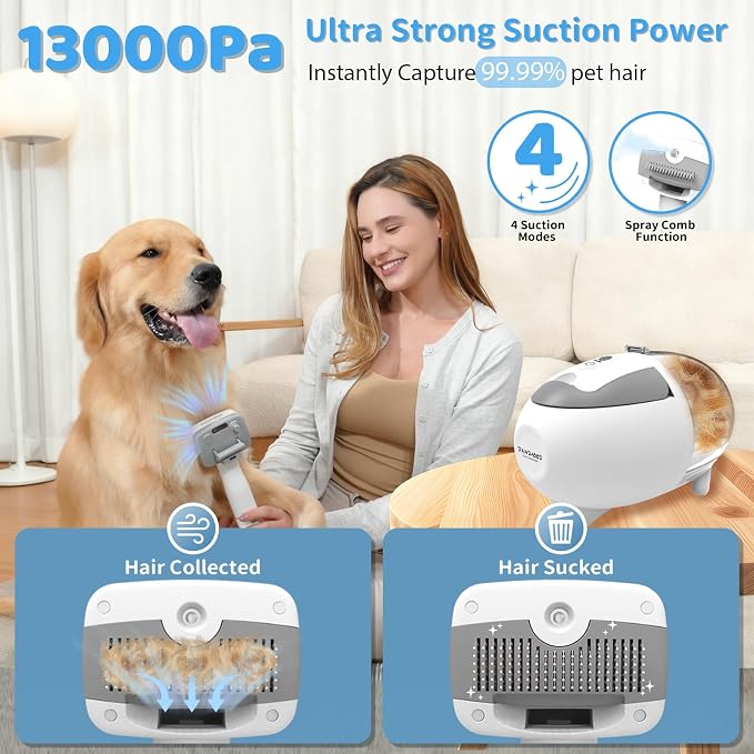 Dog Grooming Vacuum,Pet Grooming Vacuum with 2L Dust Cup & 13000Pa Suction, 6-in-1 Low Noise Pet Grooming Kit with Clipper & Steam Brush for Shedding, Professional Dog Vacuum for Dogs & Cats