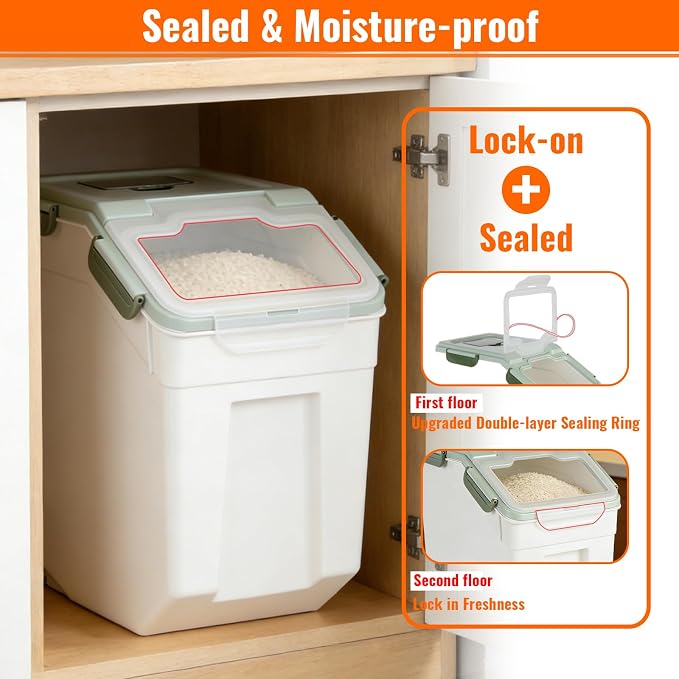4 Pack Rice Container 25 lbs Large Bulk Flour Sugar Storage Holdhouse Plastic Grain Cereal Dry Goods Bin with Spoon and Measuring Cup for Kitchen Pantry Organization - Green
