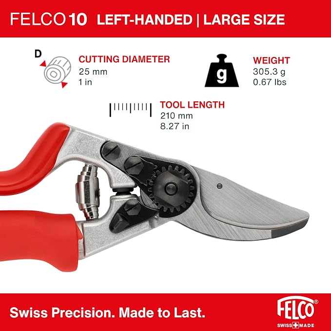 Felco F10 Pruning Shears – 8.3" Swiss-Made Left-Handed Garden Clippers with 25mm Cutting Capacity | Hand Pruners for Gardening | Garden Tool Cutter with Precision Bypass Blade, Aluminum Handles
