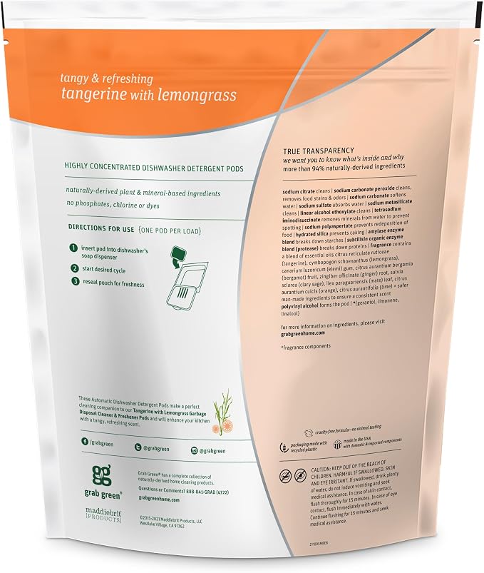 Grab Green Dishwasher Pods, 60 Count, Tangerine with Lemongrass | Plant & mineral based; Enzyme-powered; Velcro Closure; No Harsh Chemicals; Removes Grease and Stuck on Food