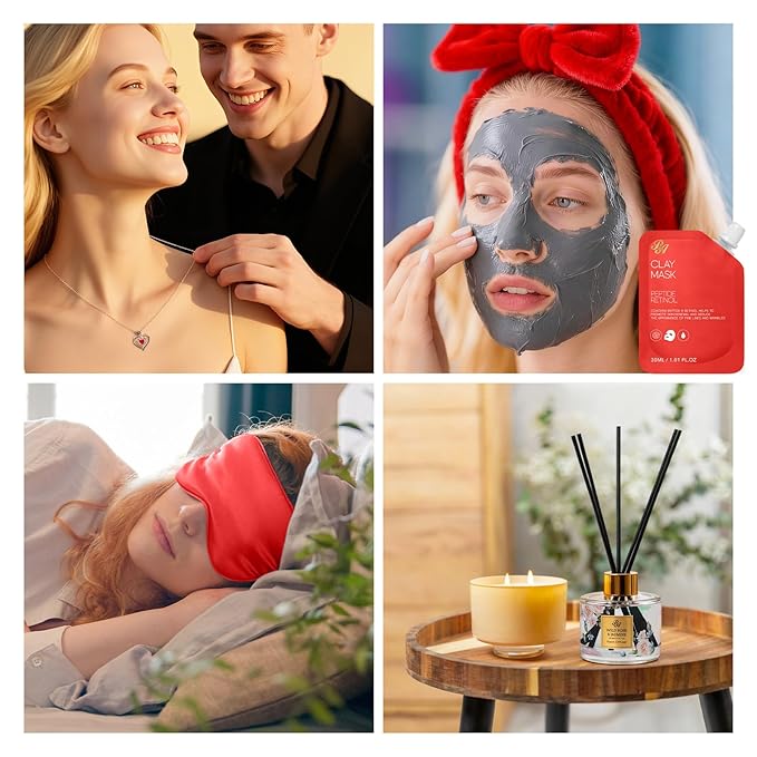 35 Pcs Mothers Day Gifts Baskets for Mom, Red Rose Bath and Body Basket Gift for Women, Face Skin Care Kit, Home Spa Self Care Basket, Diffuser, Necklace, Birthday, Christmas, Anniversary, Wife