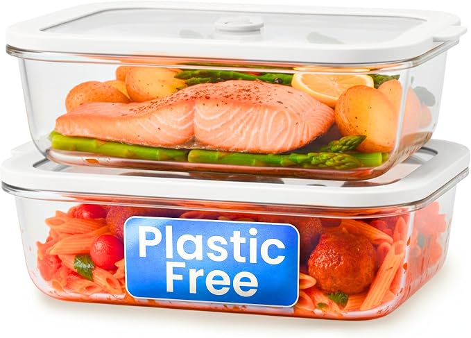 Non-Toxic Glass Food Containers with Lids, 2-Pack, 50 oz, Airtight, Gray | Plastic & BPA free. Glass body, glass lid & platinum silicone seal. Airtight & leakproof. Freezer & microwave safe.