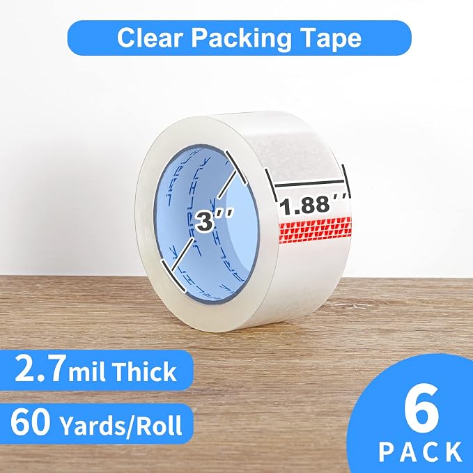 JARLINK Clear Packing Tape (6 Rolls), Heavy Duty Packaging Tape for Shipping Packaging Moving Sealing, 2.7mil Thick, 1.88 inches Wide, 60 Yards Per Roll, 360 Total Yards | 2.7mil Thick and 1.88" Wide. 60 Yards per Roll, 360 Total Yards. Moving Supplies...