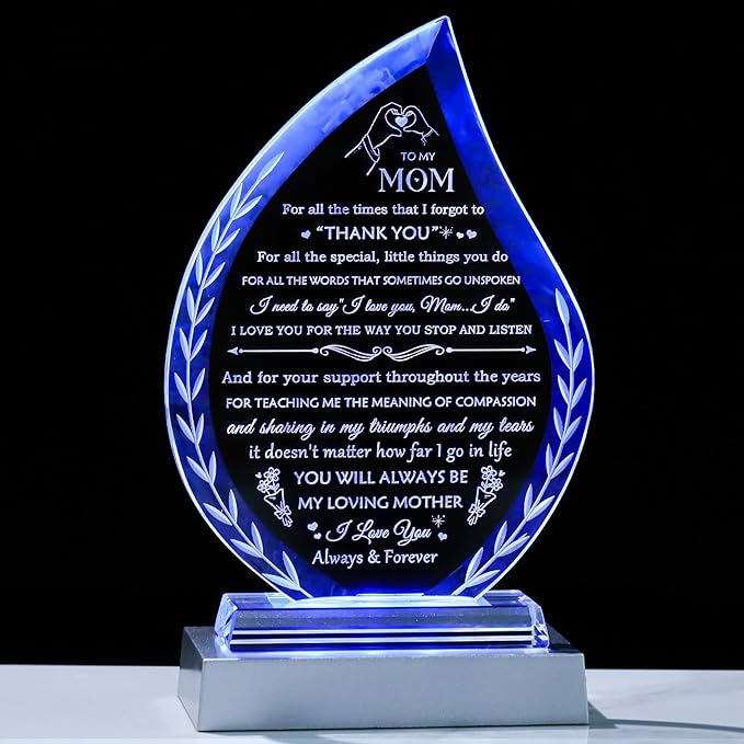 Birthday Gifts for Mom from Daughter Son Glass Plaque, To My Mom who has Everything Unique Gifts with Colorful Led Base, Present for Mom on Thanksgiving Christmas Mothers Day