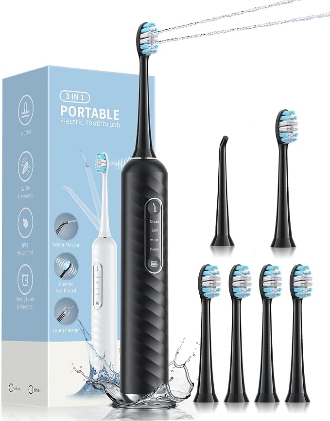 Electric Toothbrush with Water Flosser - 2 in 1 Teeth Cleaning Kit, Electric Toothbrush and flosser Combo with 3 Cleaning Modes, Portable Water flosser Design for Home & Travel (Black)