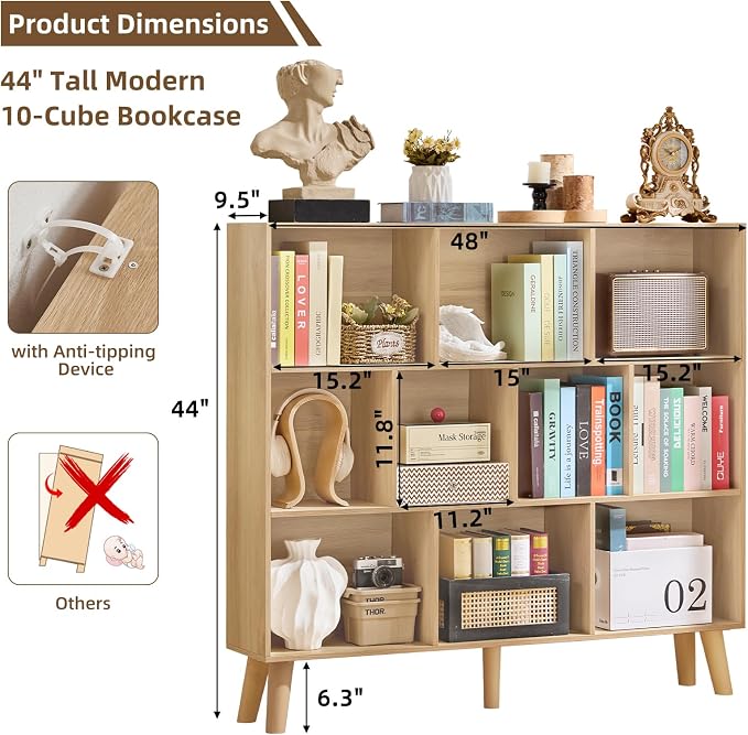 LEYAOYAO 10 Cube Bookshelf,Mid-Century Modern Bookcase with Legs,Light Wood | 3 Tier Book Shelf,Rustic Wood Bookshelves Freestanding Large Storage Organizer, Open Shelves for Bedroom, Living Room, Office