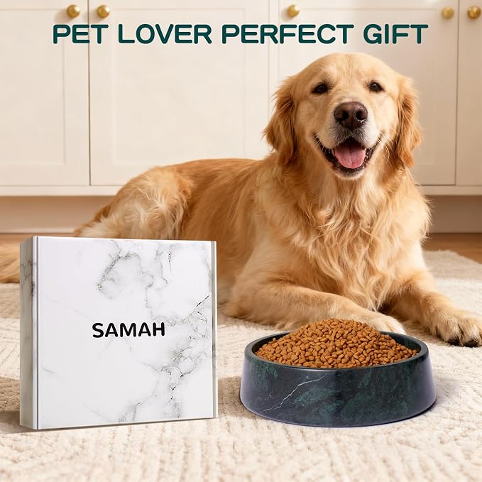 SAMAH Green Marble Dog Bowl, Non-Slip Non-Tipping Heavy Dog Food Bowl, Large Weighted Stone Dish, Natural Marble Dog Water Bowl, Easy to Clean, Gifts for Cat & Dog Lovers, Holds 6 Cups(6 lbs)