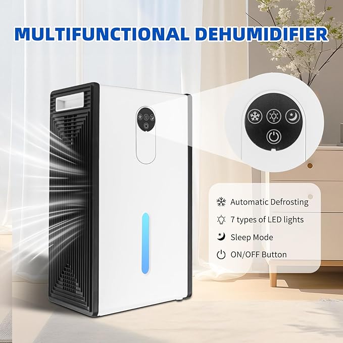 Dehumidifier for Basement, 1076 sq.ft Dehumidifiers for Home Bedroom Bathroom RV with Drain Hose, 72 OZ Quiet Portable Dehumidifier with Auto Shut Off, Auto Defrost, 7 Color LED Light, Sleep Mode