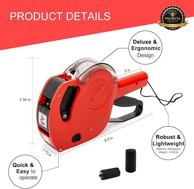Motex MX-5500 New Version 1 Line 8 Digits Price Tag Gun – Pre-Loaded 1,000 White Sticker Labels and Pre-Loaded Inker with 1 Ink Refill - for Grocery Store, Retail Shop, Garage Sale (Dark Red)