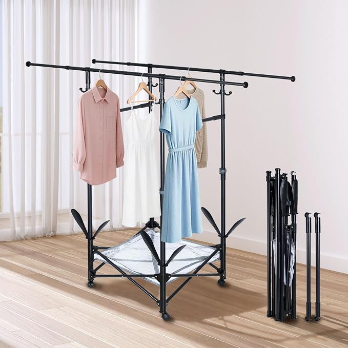 Foldable Drying Rack Clothing, Double Rod Extendable Clothes Drying Rack with Wheels, Sweater Drying Rack, Hat Rack, Shoes Drying Rack