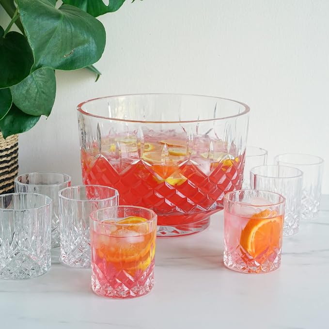 Viski Admiral Punch Bowl Set with 8 Tumblers, Cut Crystal Cocktail Party Serveware, Dishwasher Safe, 2.5 Gallons, 9 Oz Glasses, Set of 9