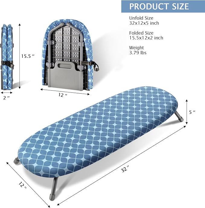 SheeChung Small Ironing Board 12"x32",Foldable Tabletop Ironing Board | Cotton Cover and Heat Resistant Pad,Portable, Non-Slip Feet,Compact,Space Saving,Fits for Home Laundry Sewing Room Dorm