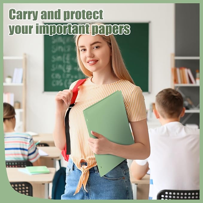 Yeaqee 100 Pcs Plastic Folders with Pockets Bulk 3 Hole Punched 2 Pocket File Folders for 3 Ring Binder Divider Folder for Notebooks, Durable Poly for Office Home (Sage Green)