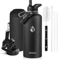 RAYMYLO Insulated Water Bottle 87 oz, Triple Wall Vacuum Stainless Steel (Cold for 48 Hrs), Leak Proof & Non-BPA, Modern Water Flask Jug with Paracord Handle & Straw Spout Lids, Magic Black