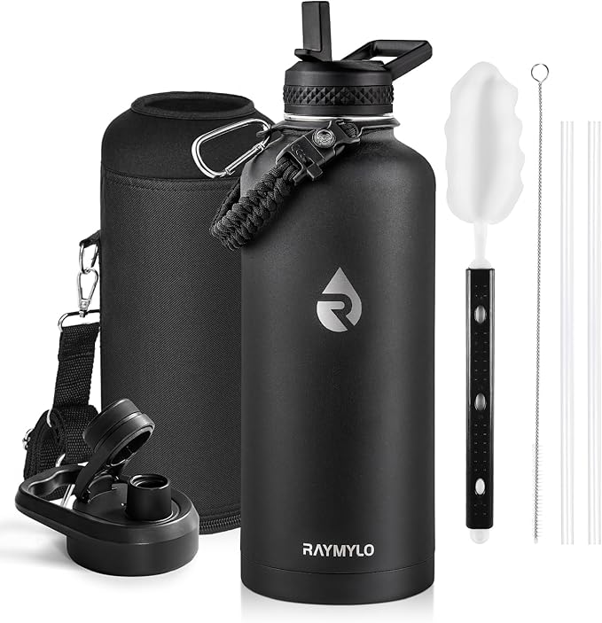 RAYMYLO Insulated Water Bottle 87 oz, Triple Wall Vacuum Stainless Steel (Cold for 48 Hrs), Leak Proof & Non-BPA, Modern Water Flask Jug with Paracord Handle & Straw Spout Lids, Magic Black