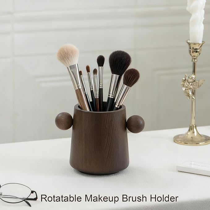 Walnut Wooden Makeup Brush Holder, Rotating Pencil Holder for Desk