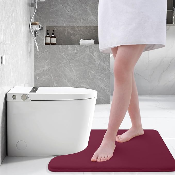 Smiry Memory Foam Toilet Rugs U-Shaped 24x20, Extra Soft Absorbent Non-Slip Contour Bathroom Rugs, Machine Washable Bath Mats for Toilet, Burgundy