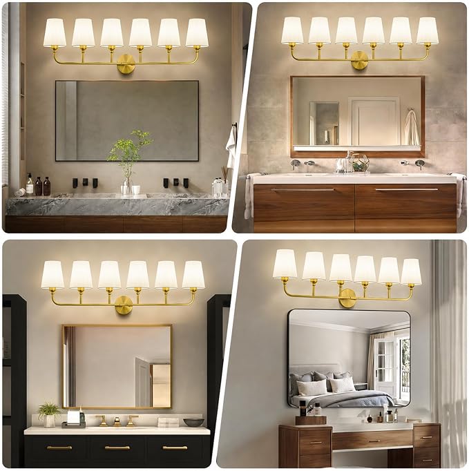 Bathroom Vanity Light, Brushed Gold Bathroom Light Fixtures, 6-Light Lighting Fixtures Over Mirror, Modern Wall Sconce with Flared White Fabric Shade, E26 Socket(ETL Listed)