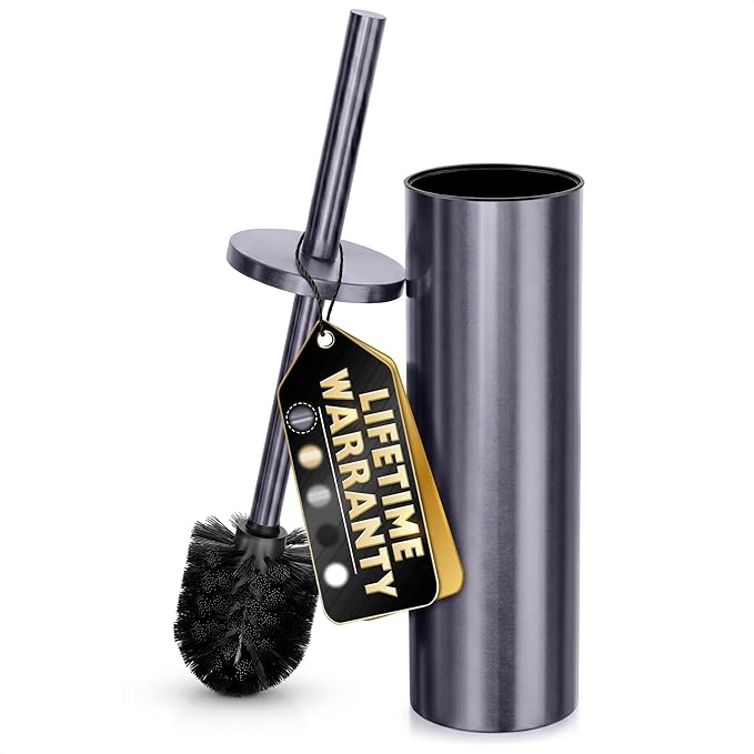 Graphite Metallic Stainless Steel Toilet Brush and Holder Set - Toilet Bowl Brush and Holder with Splash Cover, Sturdy Bristles, Corrosion & Scratch Resistant - Elegant Design, Effective Deep Cleaning
