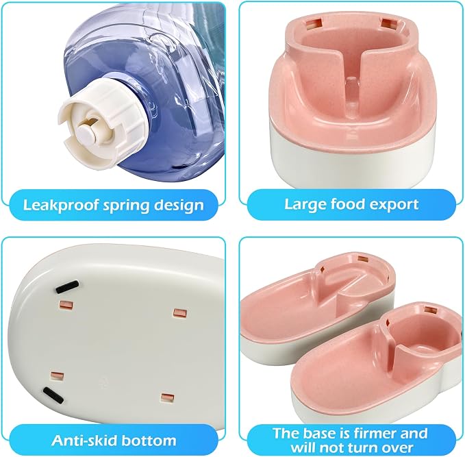 Automatic Dog Cat Feeder and Water Dispenser Gravity Food Feeder and Waterer Set with Pet Food Bowl for Small Medium Dog Puppy Kitten, Large Capacity 1 Gallon x 2(Pink)