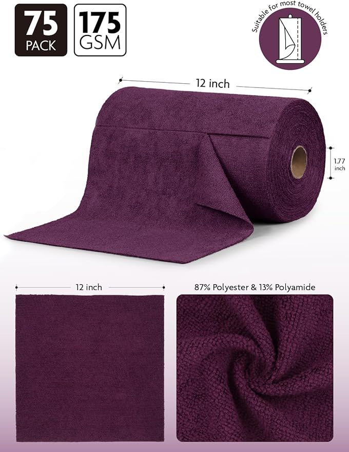 Fantasticlean Microfiber Cleaning Cloth Roll -75 Pack, Tear Away Microfiber Towels, 12" x 12", Reusable, Washable, Scratch Free, Ultra Absorbent for All-Around Cleaning Supplies (Dark Purple)