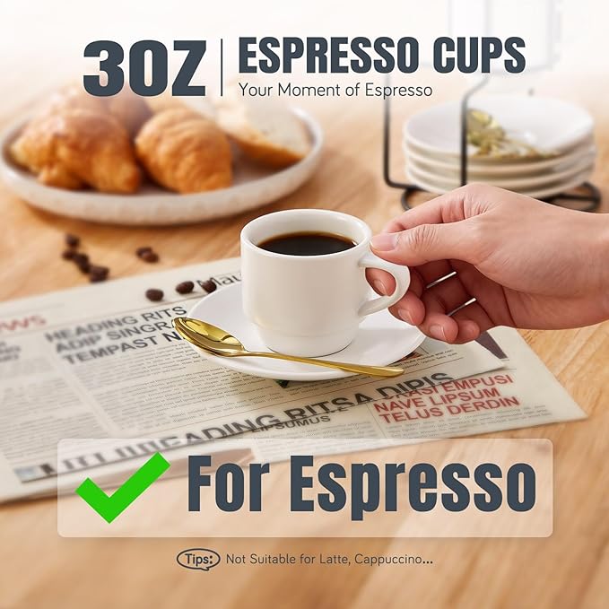 Lareina 3-Ounce Espresso Cups with Saucers, Spoons and Metal Stand, Small Stackable Coffee Cups Set of 4, Ceramic Demitasse Mugs, Gift for Housewarming or Wedding, White