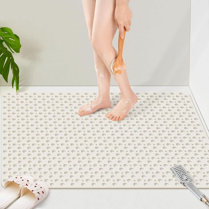 OTHWAY Large Shower Mat, 47"x 32" TPE Anti Slip Shower Mat, Heavy Bath Mats for Shower with Drain Holes Suction Cups, Shower Stall Mat for Bathroom, No Odor Shower Grip Mat for Elderly (W-White)