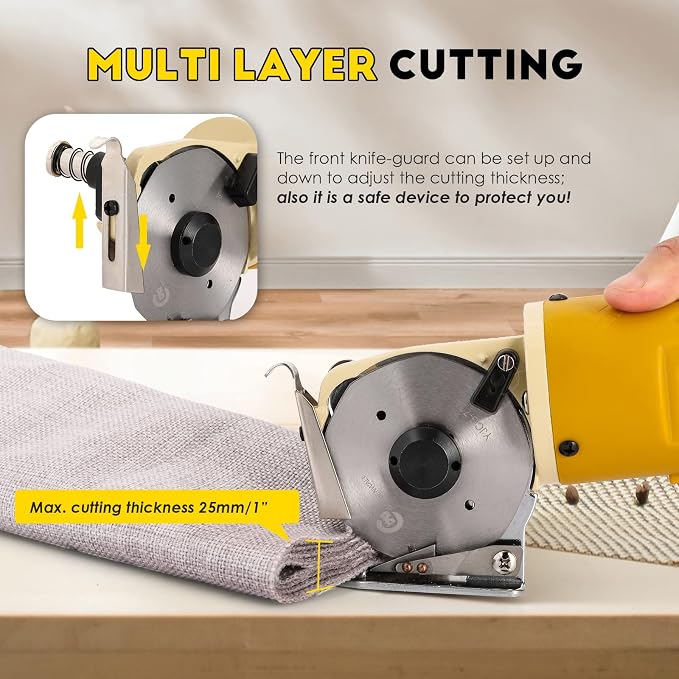 CGOLDENWALL Electric Rotary Fabric Carpet Cutter Multi-layer Fabric Scissors with 1"Cutting Thickness, for Cloth Fabric Leather and Carpet, Comes with Replacement Blade, Sharpening Stone 110V